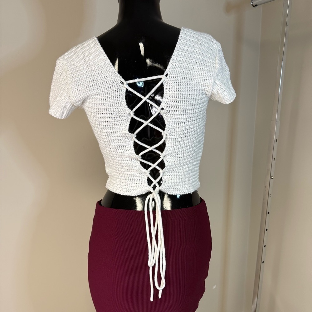 Crochet Style Open Back Corset Tie Crop Top White Cottagecore Small Square Neck - Picture 3 of 4